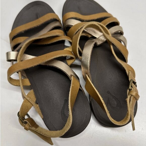 OluKai Awe Awe Sandals Leather Strappy Shoes Open Toe Brown Gold Womens Size 7 - Picture 5 of 12